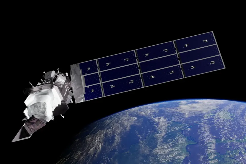 Computer rendering of a satellite with a long solar panel array orbiting above the curved Earth